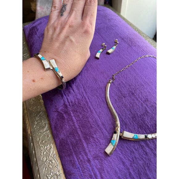 vintage Navajo necklace earring and bracelet sterling native opal turquoise - Picture 3 of 9